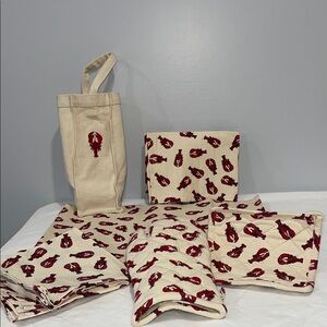 Kitchen Linens Set with Red Lobster Print Cream Canvas 100 percent cotton